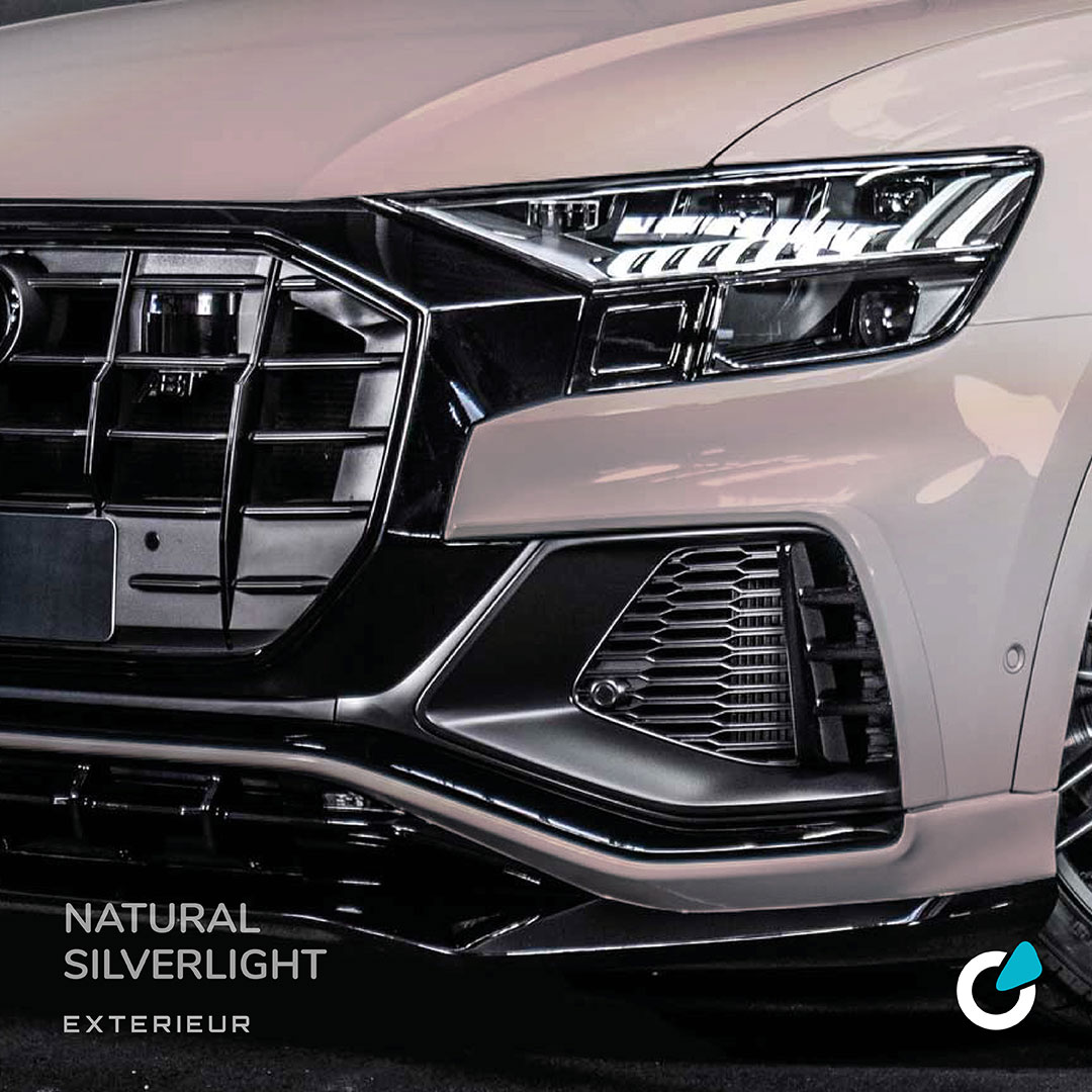 Audi Q8 Tuning Konzept Natural Silverlight von SCEND Tuning, Ansicht Front Exterieur mit Frontschürzenaufsatz und Elektronische Tieferlegung ABT Level Control