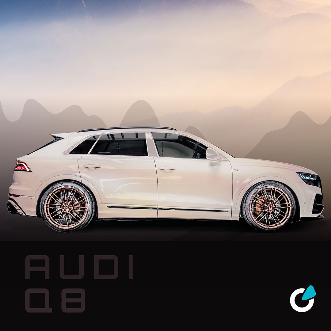 Audi Q8 Tuning Konzept Natural Silverlight von SCEND Tuning, Ansicht Komplettumbau Exterieur mit Frontschürzenaufsatz, Heckschürzenset, Heckspoiler, Elektronische Tieferlegung ABT Level Control und Felgen ABT Sport GR 23 Zoll