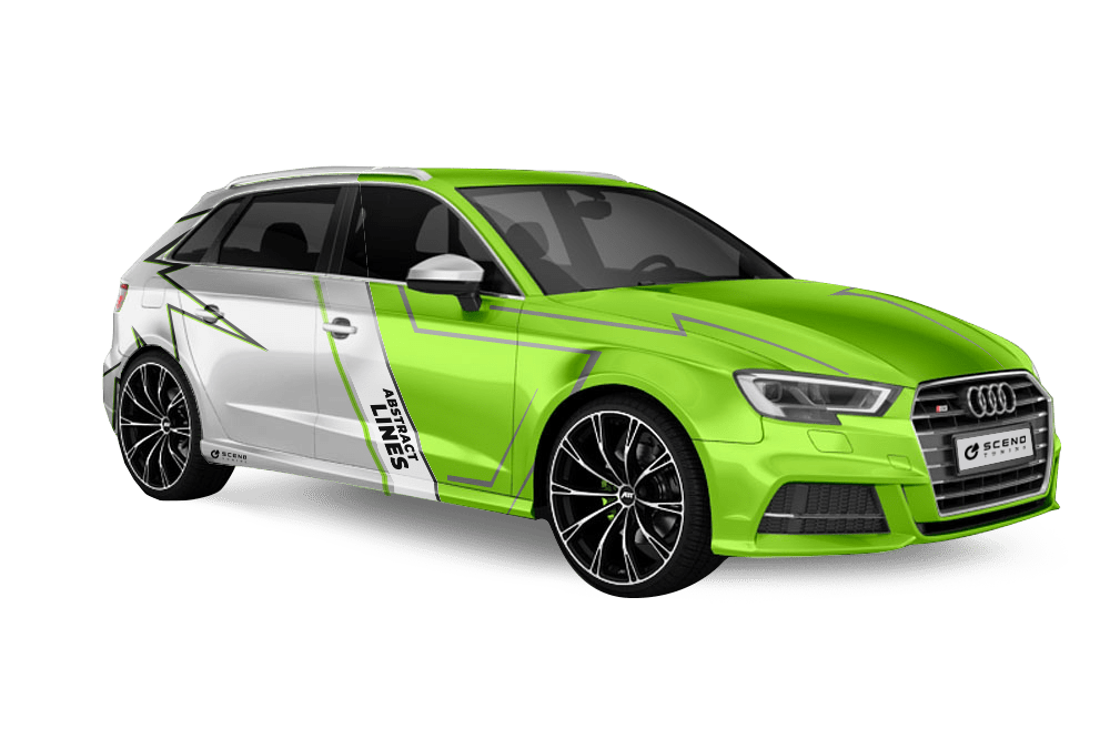 Audi S3 Tuning von ABT, Fahrzeugansicht nach dem Fahrzeugtuning mit neon-grüner Fahrzeugfolierung, Felgendesign und Chiptuning